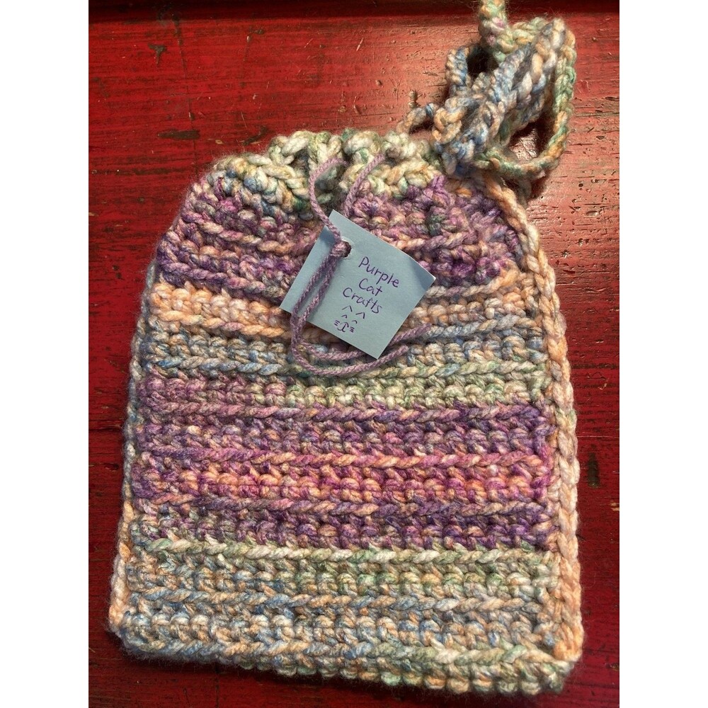 PURPLE CAT CRAFTS Handmade Bag Crocheted Drawstring Pouch Yarn Multicolor